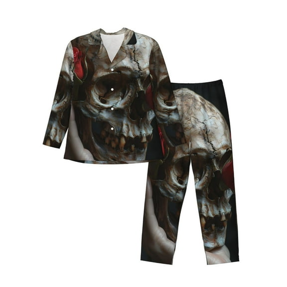 KLL Realistic Rose Skull Sleepwear Mens Flannel Pajamas,Long Cotton Pj Set
