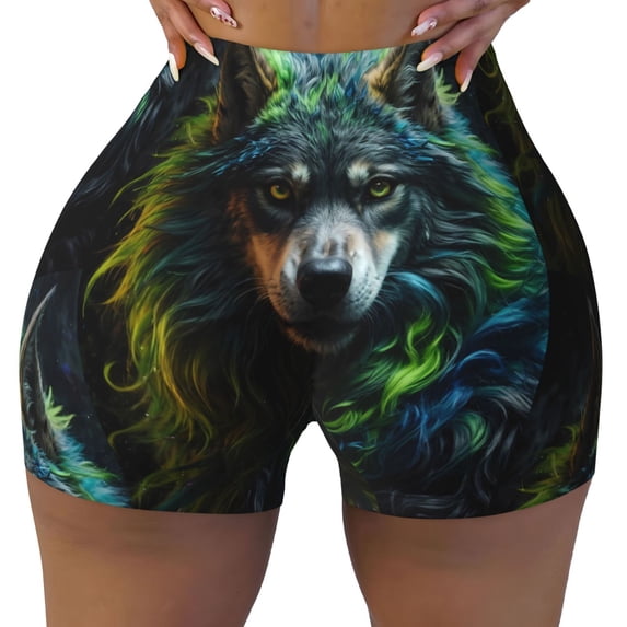 KLL Realistic Style Colorful Wolf A Pattern Workout Shorts for Women Scrunch Short Gym Yoga Running Sport Active Exercise Fitness Shorts