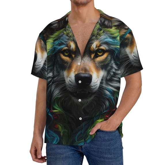 KLL Realistic Style Colorful Wolf Print Men's Shirt Short Sleeve Button Down Summer Cuba Beach Shirts- XX-Large