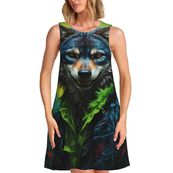 KLL Realistic Style Wolf Warrior Pattern Womens Summer Dresses 2025,Loose Round Neck Sleeveless Sundresses Tank Dresses with Pockets