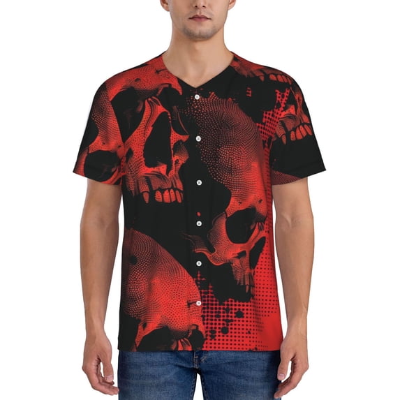 KLL Red And Black Abstract Skull for Men's Baseball Shirts,Short Sleeve Casual Shirts Button Down Shirt for Men Beach Summer Wedding Shirt-XX-Large