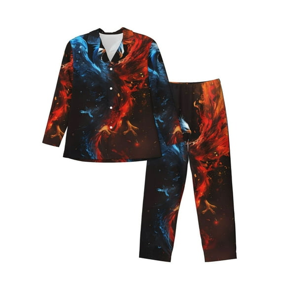 KLL Red And Blue Fire Bird Sleepwear Mens Flannel Pajamas,Long Cotton Pj Set