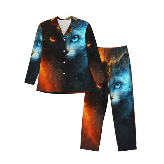 KLL Red And Blue Fire Cat Sleepwear Mens Flannel Pajamas,Long Cotton Pj Set