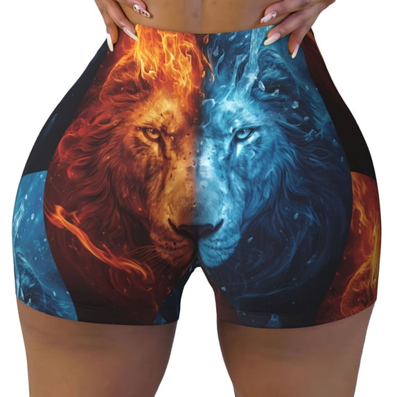 KLL Red And Blue Fire Lion Pattern Workout Shorts for Women Scrunch Short Gym Yoga Running Sport Active Exercise Fitness Shorts