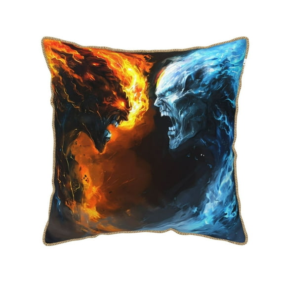 KLL Red And Blue Fire Skull Warrior Decorative Throw Pillow Covers Velvet Soft for Couch Sofa Bedroom Living Room Outdoor (No pillow core)- 20"x20"