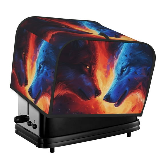 KLL Red And Blue Fire Wolf Print 4 Slice Toaster Dust Covers Kitchen Small Appliance Cover with 2 Pockets,Can hold Jam Spreader Knife & Toaster Tongs (12.4 x 10.6 x 8.2)