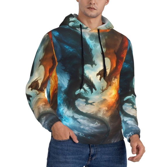 KLL Red And Blue Flame Wave Dragon Print Mens Hoodie Long Sleeve Casual Pullover Hooded Sweatshirt Fashion Drawstring Hoodies with Pocket-Large