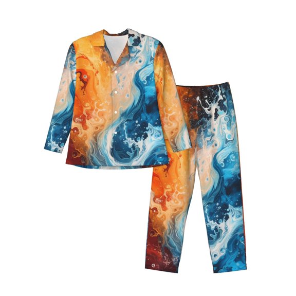 KLL Red And Blue Waves Sleepwear Mens Flannel Pajamas,Long Cotton Pj Set