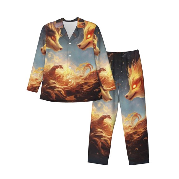 KLL Red And Gray Flame Fox Sleepwear Mens Flannel Pajamas,Long Cotton Pj Set