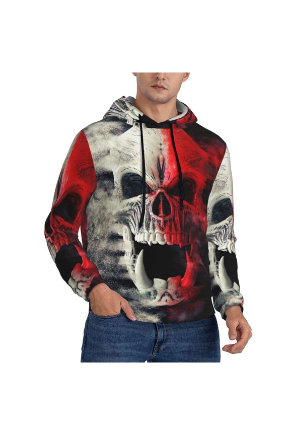 Red And White Screaming Demon Skull Print Mens Hoodie Long Sleeve Casual Pullover Hooded Sweatshirt Fashion Drawstring Hoodies with Pocket-X-Large