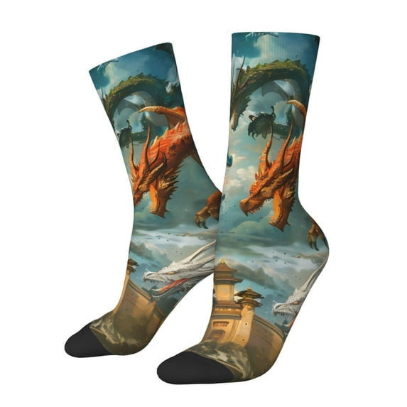 KLL Red Blue Dragon Battle Epic Print Cool Socks Men's Women's Crew Socks Funny Crazy Novelty Stockings