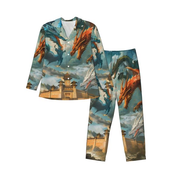 KLL Red Blue Dragon Battle Epic Sleepwear Mens Flannel Pajamas,Long Cotton Pj Set