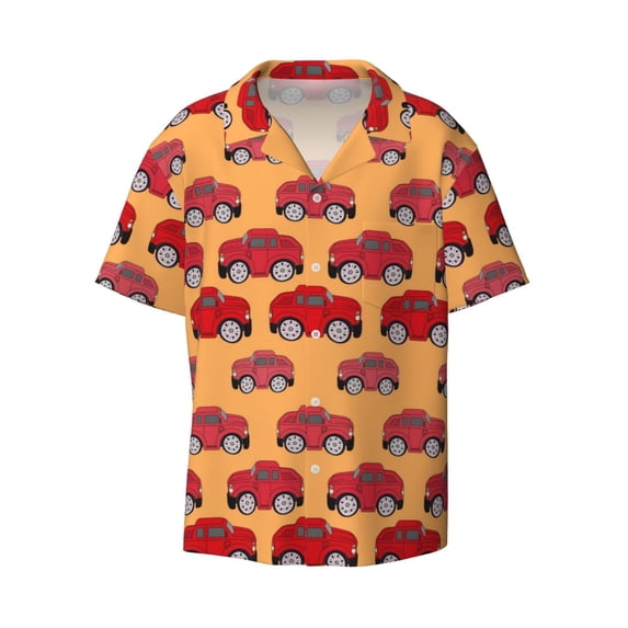 KLL Red Cars Print Men's Shirt Short Sleeve Button Down Summer Cuba Beach Shirts- Large