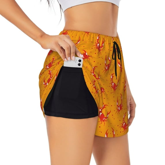 KLL Red Crab Pattern Shorts Women,Athletic Shorts High Waisted Running Shorts Pocket Sporty Short Gym Elastic Workout Shorts-Large