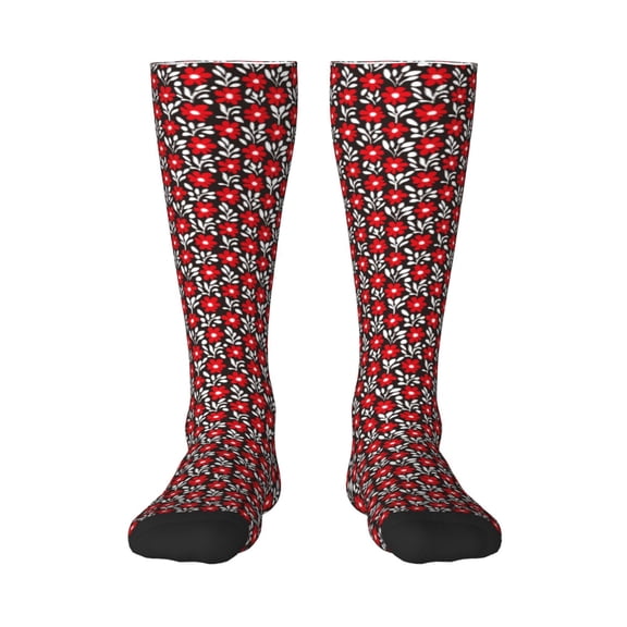 KLL Red Floral Print Cool Socks Men's Women's Crew Socks Funny Crazy Novelty Stockings