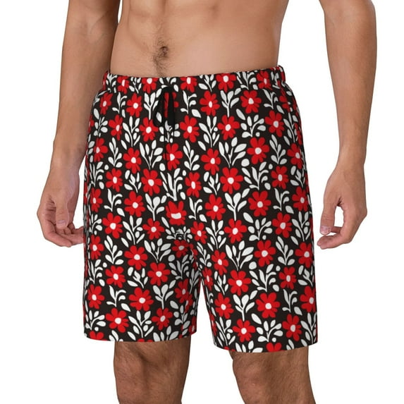 KLL Red Floral for Mens Swim Trunks Quick Dry Swim Shorts with Built-in Compression Liner Funny Swimwear Bathing Suits-Medium