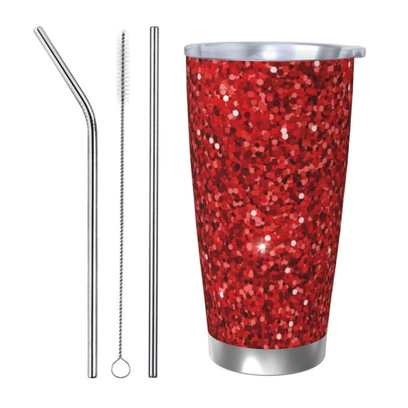 KLL Red Glitter Print 40oz Stainless Steel Insulated Car Cup with Spillproof Lid - Keep Your Drink Hot or Cold on the Go-Straw Three-piece Set