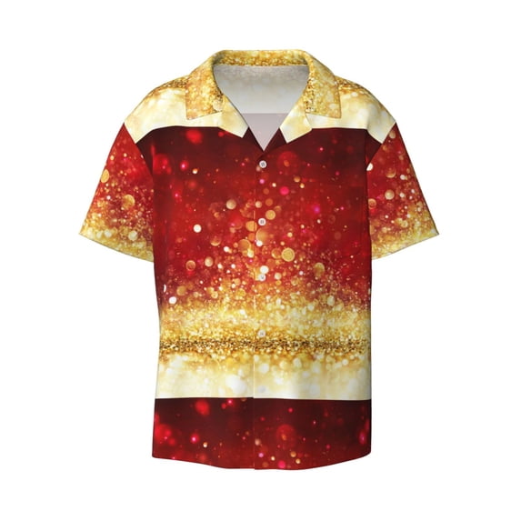 KLL Red Gold Glitter Print Men's Shirt Short Sleeve Button Down Summer Cuba Beach Shirts- Medium