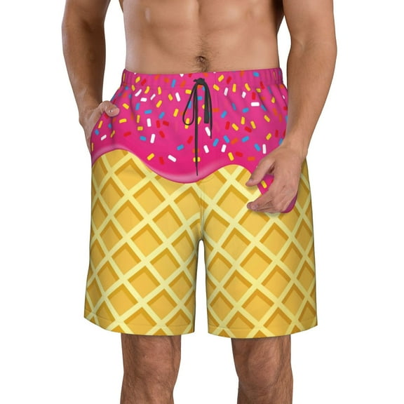 KLL Red Ice Cream Men's Casual Summer Beach Shorts Hawaiian Shorts with Pockets-Small