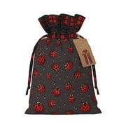 KLL Red Ladybugs On Dark Background for Christmas Gift Bag,Christmas Burlap Goody Gift Bags with Plaid Drawstrings for Xmas Presents Holiday Party Favor Treats Candy-Black