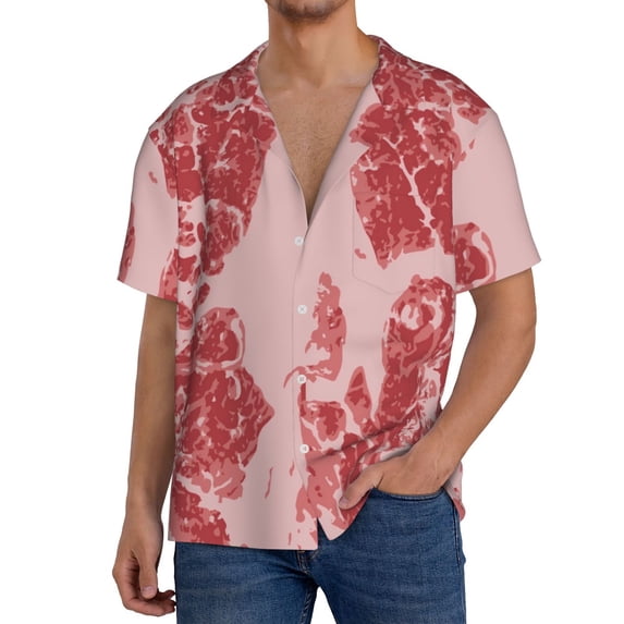 KLL Red Meat Print Men's Shirt Short Sleeve Button Down Summer Cuba Beach Shirts- Medium