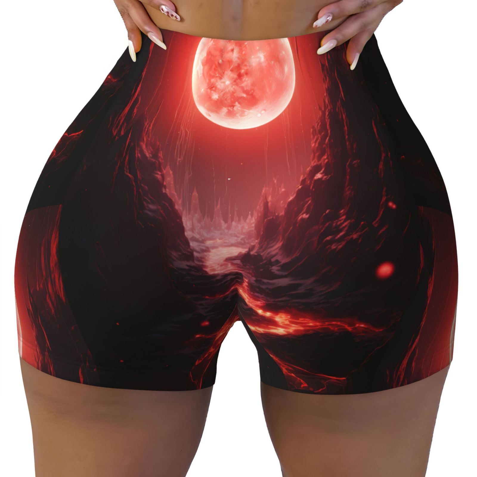 KLL Red Moon Lava Pattern Workout Shorts for Women Scrunch Short Gym