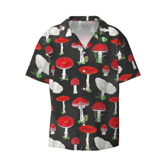 KLL Red Mushrooms Print Men's Shirt Short Sleeve Button Down Summer Cuba Beach Shirts- Large