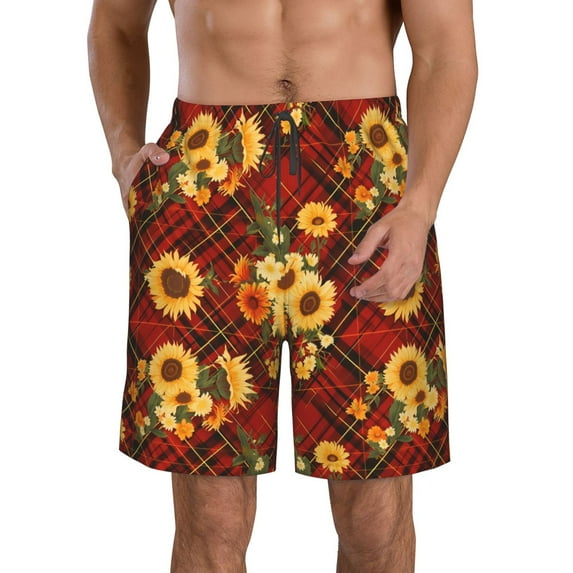 KLL Red Plaid Sunflower Men's Casual Summer Beach Shorts Hawaiian Shorts with Pockets-Small