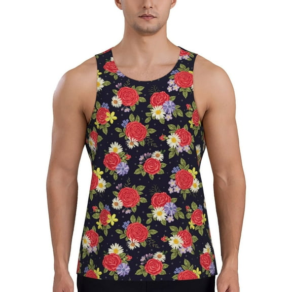 KLL Red Rose Flower Print Men's Muscle Gym Workout Stringer Tank Tops Bodybuilding Fitness T-Shirts Tank Tops Men-Large