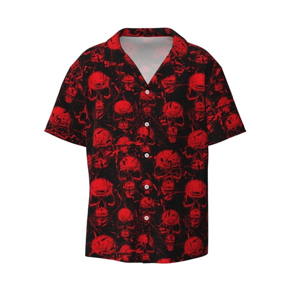 KLL Red Skulls Print Men's Shirt Short Sleeve Button Down Summer Cuba Beach Shirts- XX-Large
