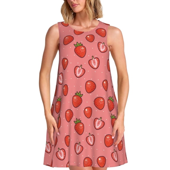 KLL Red Strawberry Pattern Womens Summer Dresses 2025,Loose Round Neck Sleeveless Sundresses Tank Dresses with Pockets
