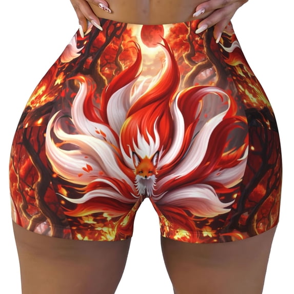 KLL Red Sun Flame Fox Pattern Workout Shorts for Women Scrunch Short Gym Yoga Running Sport Active Exercise Fitness Shorts