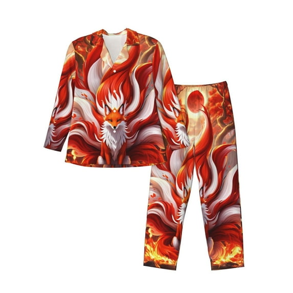 KLL Red Sun Flame Fox Sleepwear Mens Flannel Pajamas,Long Cotton Pj Set