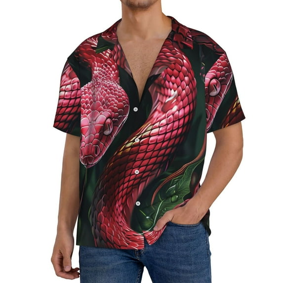 KLL Red Viper Jungle Intensity Print Men's Shirt Short Sleeve Button Down Summer Cuba Beach Shirts- Small