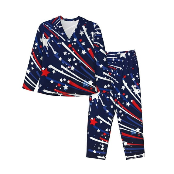 KLL Red White Blue Fireworks 1 Print Women's Long Sleeve Pajamas with Pants Sleepwear Loungewear 2 Set-Medium