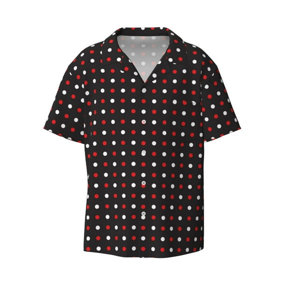 KLL Red and white polka dots Print Men's Shirt Short Sleeve Button Down Summer Cuba Beach Shirts- Large