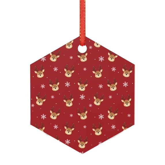 KLL Reindeer Faces Festive Red Pattern Acrylic Christmas Ornaments,1 PCS Xmas Tree Decor with Ribbon 3" Christmas Décor Christmas Pendant for Hanging on Tree & Party Favors-Hexagon