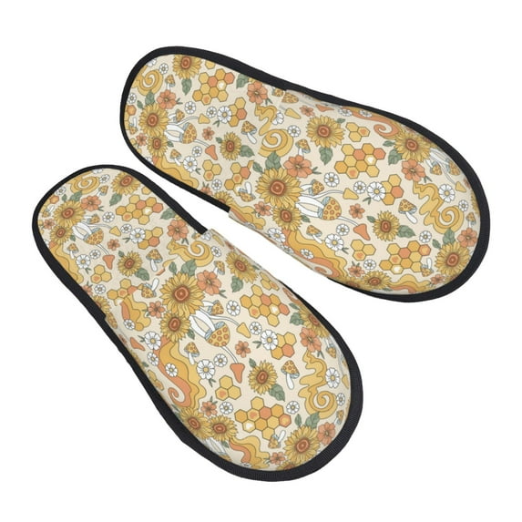 KLL Retro 70s 60s Flower Slippers for Women Men House Slip on Indoor Outdoor Bedroom Furry Fleece Lined Ladies Comfy Anti-Skid Rubber Hard Sole-Medium