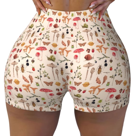 KLL Retro Autum Mushrooms Pattern Workout Shorts for Women Scrunch Short Gym Yoga Running Sport Active Exercise Fitness Shorts