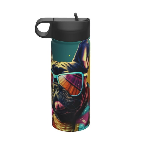 KLL Retro Bulldog Sunglasses Pattern 18OZ Water Bottle With Straw,Stainless Steel Sports Water Cup Flask Sports Water Cup Flask Wide Mouth Travel Thermal Mug