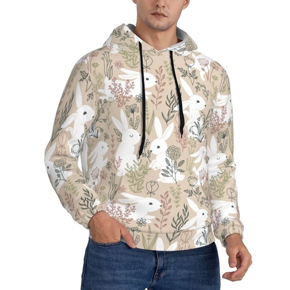 KLL Retro Bunny Flower Print Mens Hoodie Long Sleeve Casual Pullover Hooded Sweatshirt Fashion Drawstring Hoodies with Pocket-Medium