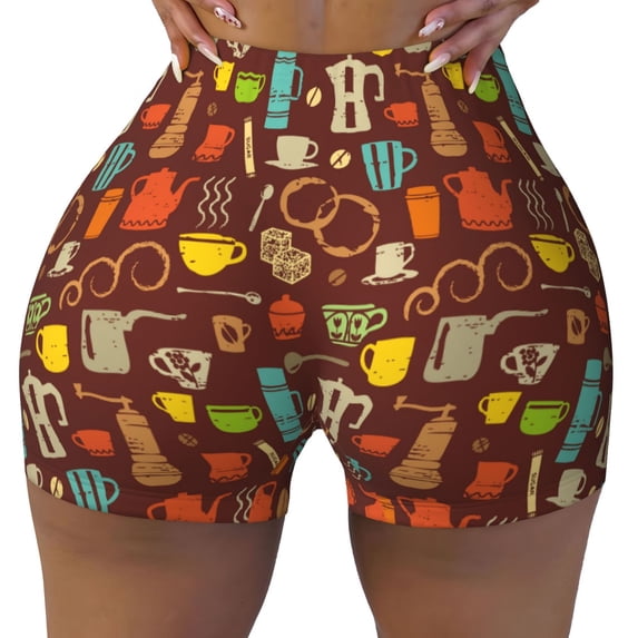 KLL Retro Coffee Pattern Workout Shorts for Women Scrunch Short Gym Yoga Running Sport Active Exercise Fitness Shorts