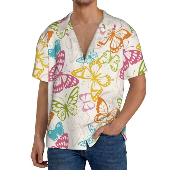 KLL Retro Colorful Butterfly Print Men's Shirt Short Sleeve Button Down Summer Cuba Beach Shirts- X-Large