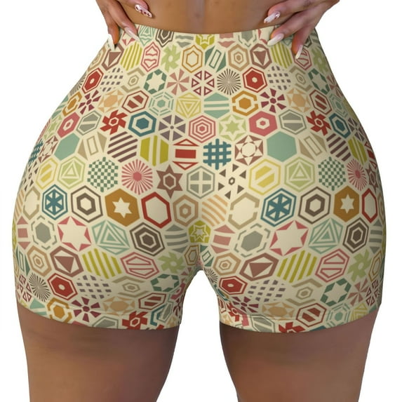 KLL Retro Geometry Pattern Workout Shorts for Women Scrunch Short Gym Yoga Running Sport Active Exercise Fitness Shorts
