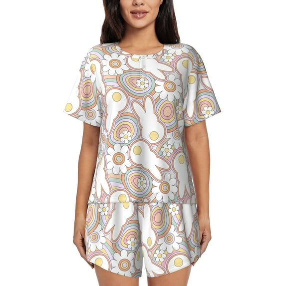 KLL Retro Hippie Groovy Easter bunny Print Pajama Set for Women Short Sleeve Sleepwear Pjs Soft 2 Piece Lounge Sleepwear Sets-3X-Large
