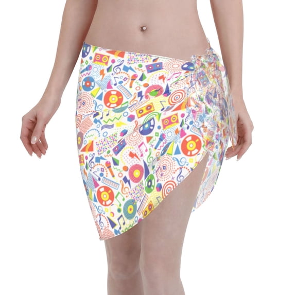 KLL Retro Musi Disco Print Women's Sarong Coverups Short Bathing Suit Wrap Skirt Beach Wrap Swimsuit Cover Ups