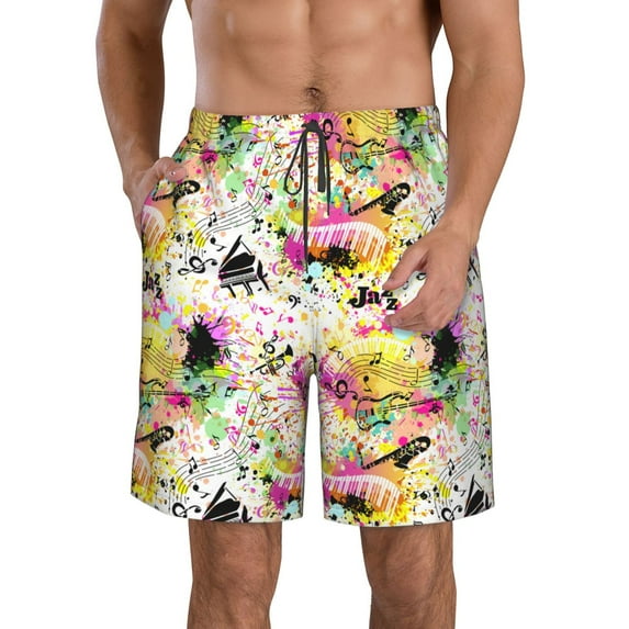 KLL Retro Musical Men's Casual Summer Beach Shorts Hawaiian Shorts with Pockets-Small