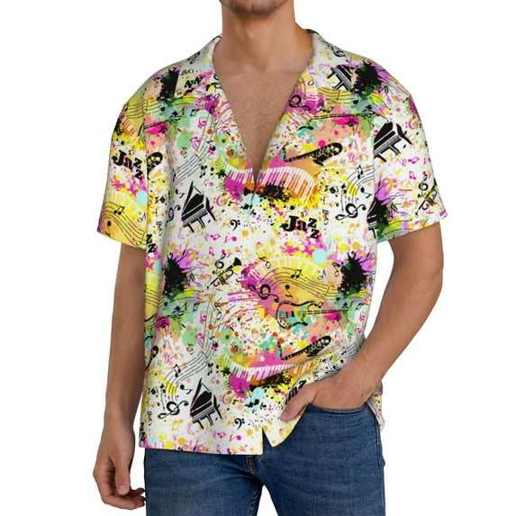 KLL Retro Musical Print Men's Shirt Short Sleeve Button Down Summer Cuba Beach Shirts- XX-Large