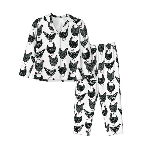 KLL Retro Rooster Print Women's Long Sleeve Pajamas with Pants Sleepwear Loungewear 2 Set-Large