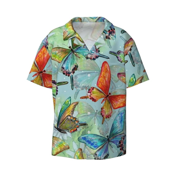 KLL Retro Seamless Flying Butterflies Print Men's Shirt Short Sleeve Button Down Summer Cuba Beach Shirts- Medium